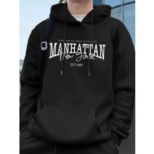 Manhattan New York Kelimeler Baskılı Erkek Kapüşonlu Üstleri Sonbahar Bol Sweatshirt Hip Hop