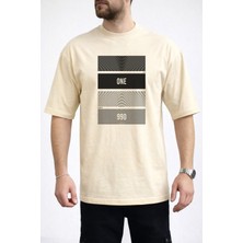 Caddekombin Erkek One Yazılı Konsantrik Çizgi Detaylı Bisiklet Yaka Bej T-Shirt