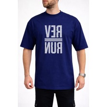 Caddekombin Erkek Run Yazı Baskılı Dalgalı Harf Tasarımlı Bisiklet Yaka Lacivert T-Shirt