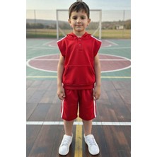 Riccotarz Erkek Çocuk Bisiklet Yaka T-Shirt,kanguru Cepli Kolsuz Sweathirt Şerit Detaylı Kapri Eşofman Takım