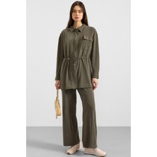 Olcay Fermuar Kapamalı Beli Büzgülü Premium Kumaş Sweat Pantolon Takım HAKİ 9406-TK