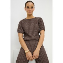 Lupinn Kadın Kahvrengi Kısa Kollu Bluz Bol Paça Pantolon Şık Dokulu Rahat Takım - Kadın Takım