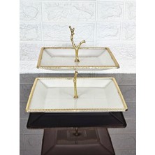 Atabey Home Porselen Kare Döküm Gold Çerçeveli 2 Katlı Kurabiyelik Sade 22+27 cm