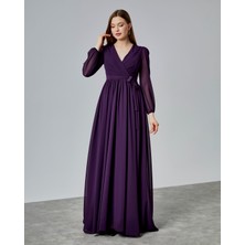 Asees Kruvaze Yaka Kuşaklı Şifon Abiye Elbise