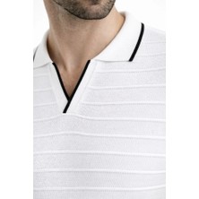 ModaSize Erkek Triko Kumaş Yakalı Düğmesiz Açık Yaka Fitilli Kısa Kollu Regular Fit Tişört T-Shirt - Beyaz