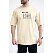 Caddekombin Erkek Dünya Haritası ve Dikey Çizgi Tasarımlı Bisiklet Yaka Bej T-Shirt