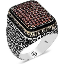 Fumeyabi Gümüş Kırmızı Zirkon Taşlı Kare Erkek Yüzük