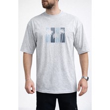 Caddekombin Erkek Good Vibes Yazılı Palmiye Ağacı Baskılı Bisiklet Yaka Gri T-Shirt