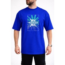 Caddekombin Erkek Turkuaz ve Mavi Palmiye Yaprağı Bisiklet Yaka Saks Mavi T-Shirt