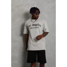 ModaSize Unisex Oversize Baskılı Bisiklet Yaka T-Shirt - Gri