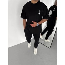 ModaSize Unisex Bisiklet Yaka Baskılı Oversize T-Shirt - Siyah