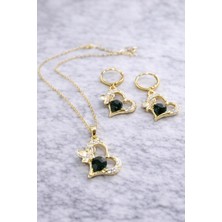 Ekonomik Sepeti 3'lü Kalp Desenli Siyah Kalpli Zirkon Taşlı Kolye-Küpe Set