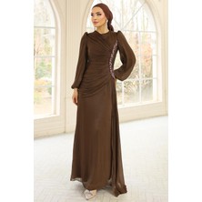 Olcay Inci ve Pilise Detaylı Yoryo Ipek Tesettür Abiye Elbise Kahve 1249