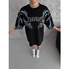 ModaSize Unisex Bisiklet Yaka Baskılı Oversize T-Shirt - Siyah