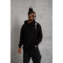 ModaSize Unisex Kapşonlu Uzun Kol Baskılı Sweetshirt - Siyah