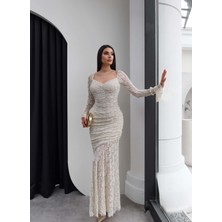 Esra Helvacı Bel Büzgü Dökümlü Güpür Elbise