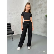 Cubbux Kız Çocuk&genç  Taşlı Pantolon Wide Leg Bol Paça Kumaş Beli Lastikli