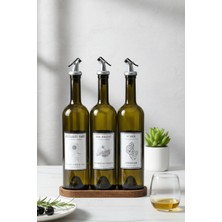 EA Home Concept 3'lü Premium Ayçiçek Yağı Nar Ekşisi ve Sirke Şişe Seti - Cam Akıtmaz Kapaklı Ahşap Stantlı Yağlık