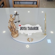 Ecay Mermer Ürünleri Doğal Beyaz Mermer Isimlik Sümen Takımı Kalem ve Terazi Metal Ay Yıldızlı