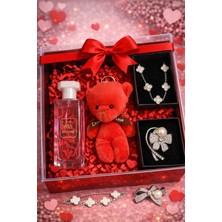 Pulinin Dükkanı Sevgililer Günü Özel Hediye Kutusu – Kırmızı Ayıcıklı Anahtarlık, Parfüm, Bileklik ve Broş Takı Seti