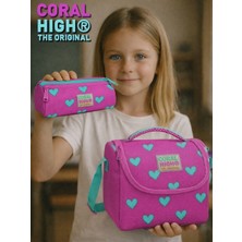 Coral High Neon Pembe Su Yeşili Kalp Desenli Üç Bölmeli Kalem Çantası ve Thermo Beslenme Çantası