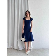 Moda Durağı Sıralı Incili Midi Elbise Lacivert
