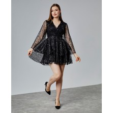 Asees Kruvaze Yaka Uzun Kollu Boncuklu Asimetrik Detay Abiye Elbise