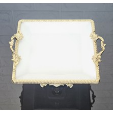 Atabey Home Porselen Küçük Sade Kare Servis Tabağı-Sunumluk Döküm Gold Çerçeve ve Ayaklı 22CM
