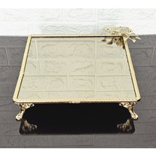 Atabey Home Bronz Cam Büyük Kare Servis Tabağı 4 Ayak-Sunumluk-Söz Tepsisi-Sunum Tepsisi-Döküm Gold Çerçeve 27CM