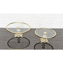 Atabey Home 2'li Cam Yuvarlak Servis Tabağı 20+25 Cm-Sunumluk Döküm Gold Çerçeve ve Döküm Ayak