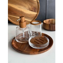 Rossev Cam Banyo Seti Naturel Ahşap  Tepsili 4 Parça