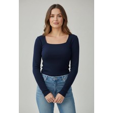 CHEISU Kadın Lacivert Uzun Kollu Kare Yaka T-Shirt Bluz Kaşkorse Fitilli