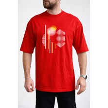 Caddekombin Erkek Geometrik Kavisli Çizgi Baskılı Bisiklet Yaka Kırmızı T-Shirt