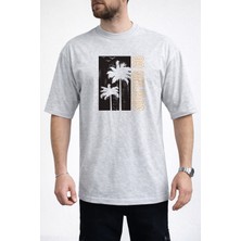 Caddekombin Erkek Palmiye Silüetli Surfing Co Yazı Baskılı Bisiklet Yaka Gri T-Shirt