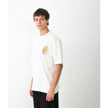 ModaSize Unisex Bisiklet Yaka Baskılı Oversize T-Shirt - Beyaz