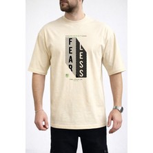 Caddekombin Erkek Fearless Yazı Baskılı Petek Dokulu Bisiklet Yaka Bej T-Shirt