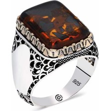 Fumeyabi ​gümüş Sıkma Kehribar Taşlı Kare Erkek Yüzük