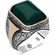 Fumeyabi Gümüş Desenli Yeşil Akik Taşlı Kare Erkek Yüzük