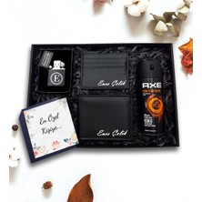 As Gift Kişiye Özel Siyah Cüzdan & Kartlık & Zippo Tarzı Çakmak & Axe Deodorant Hediye Seti