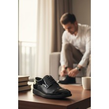 Enoch Siyah Hakiki Deri Yan Paneli Lazer Işlemeli Derbi Klasik Ayakkabı