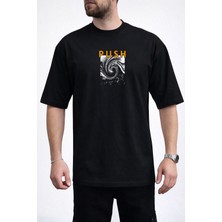 Caddekombin Erkek Vortex Desenli Push Yazı Baskılı Bisiklet Yaka Siyah T-Shirt
