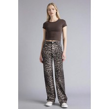 DeFacto Straight Fit Yüksek Bel Leopar Desenli Gabardin Pantolon D1229AX26SP