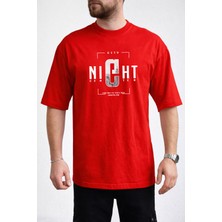 Caddekombin Erkek Night Center Yazı Baskılı Bisiklet Yaka Kırmızı T-Shirt