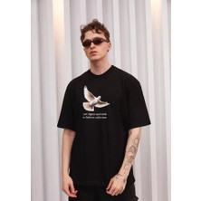 ModaSize Unisex Bisiklet Yaka Baskılı Oversize T-Shirt - Siyah
