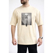 Caddekombin Erkek Black & Whıte Yazı Baskılı Bisiklet Yaka Bej T-Shirt