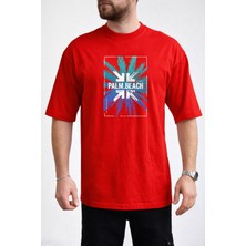 Caddekombin Erkek Turkuaz ve Mavi Palmiye Yaprağı Bisiklet Yaka Kırmızı T-Shirt