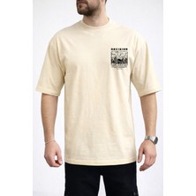 Caddekombin Erkek Decısıon Göğüs Yazı Baskılı Bisiklet Yaka Bej T-Shirt