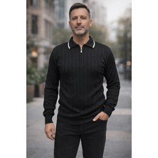 Bigümex Erkek Çizgili Polo Yaka Fermuarlı Sweatshirt