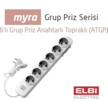 Elbi Myra 6\'lı  Anahtarlı Topraklı Grup Priz 2 mt Kablolu