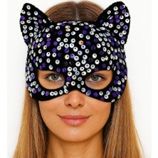 Osense Siyah Kadife Kumaş Üzerine Mor Beyaz Payetli Pullu Parti Maskesi 16X14 cm